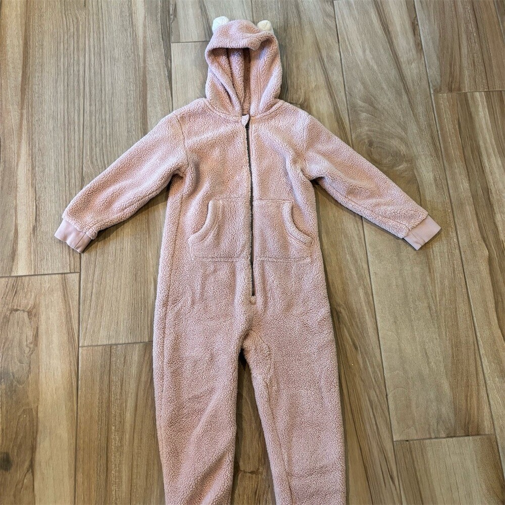 Hanna Andersson Girls Jumpsuit Romper Pink Hooded Bear Ears Size M